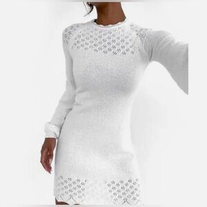 Rumored Vermont Mini Dress White Pointelle Mock Neck Mini Size S NWT